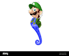 a cartoon character with a green hat and a blue seahorse on a white background