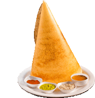 a cone shaped food item on a plate with sauces on it