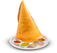 a cone shaped food item on a plate with sauces on it