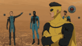 a group of superhero characters are standing in a line