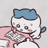 a cartoon cat is writing in a notebook