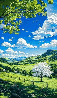 a painting of a field with a tree in the foreground