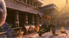a man in a costume is standing in front of a temple .