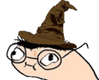 a cartoon drawing of a person wearing a wizard hat and glasses