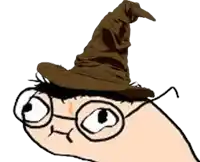 a cartoon drawing of a person wearing a wizard hat and glasses