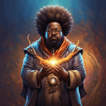 a man with an afro and glasses is holding a glowing object in his hands