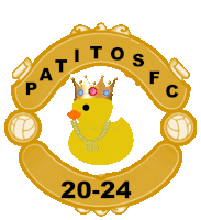 a patitos fc logo with a rubber duck wearing a crown and chain around its neck