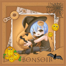 a picture of a girl dressed as a witch holding a pumpkin with the words bonsoir on it