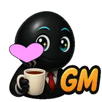 a cartoon character in a suit holding a cup of coffee with gm written on the bottom