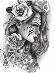 a drawing of a woman with roses and a clock on her face