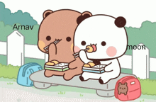 two cartoon bears are sitting on a bench eating food and one bear has the name arnav written on it