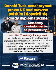 a foreign language advertisement for konfederacja shows donald tusk