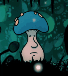 a cartoon of a mushroom with a sad face