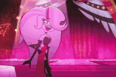 a cartoon character is standing on a stage in front of a pink curtain and a microphone .