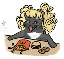 a cat with blonde hair is sitting at a table with a bag of mcdonald 's french fries and hamburgers .