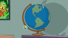 a cartoon of a globe with a picture of a dragon ball z character behind it