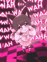 a girl with a cat ear is standing in front of a wall of wah