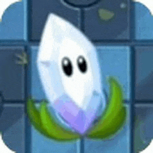 a cartoon character with a purple flower and a white leaf is sitting on a blue tile floor .