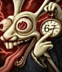 a cartoon rabbit is holding a pocket watch with the number 67 on it 's face