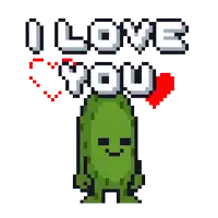 a pixel art illustration of a pickle holding a heart and the words i love you