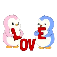 a pink and blue penguin holding a red letter e