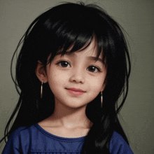 a little girl with long black hair is wearing a blue shirt