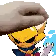 a cartoon character wearing a hat and a necklace is being pummeled by a hand .