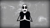 a black and white cartoon character with a sad face on his face