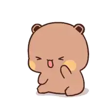 a cartoon teddy bear is sitting down with its mouth open and making a funny face .