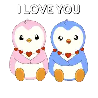 two penguins hugging each other with the words " i love you " on the bottom