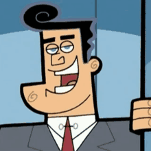 a cartoon man in a suit and tie is smiling and has a tattoo of the letter g on his arm