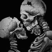 a black and white drawing of two skulls kissing each other with a rose in their mouths .