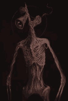 a skeleton with a horn on its head is standing in the dark with a black background .