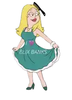 a cartoon character with a comb in her hair and the words blix banks on her shirt