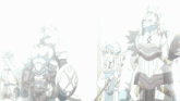 a group of anime characters standing next to each other with one holding a shield