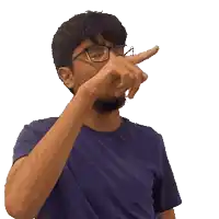 a man wearing glasses and a blue shirt is making a funny face