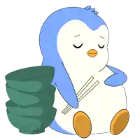 a penguin is sitting next to a stack of bowls with chopsticks