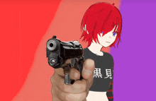 a person pointing a gun at a red haired anime girl