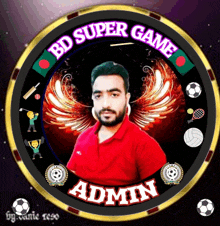 a logo for bd super game admin with a man in the middle