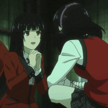 a girl in a red jacket has a badge that says ' aoi ' on it