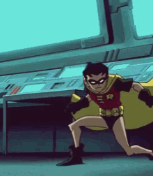 a cartoon character named robin is running in a room