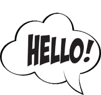 a black and white speech bubble with the words hello written inside of it