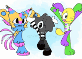 three cartoon characters are standing next to each other and one of them is wearing a polka dot shirt