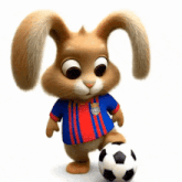 a cartoon rabbit wearing a blue and red striped shirt with a crest on it is kicking a soccer ball