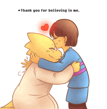 a drawing of a girl hugging a monster with the words thank you for believing in me below them