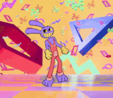a cartoon character is standing in front of a yellow background