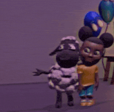 a cartoon of a sheep and a boy with balloons behind them