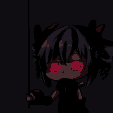 a chibi girl with red eyes is standing in the dark .