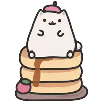 a cat is sitting on top of a stack of pancakes with syrup