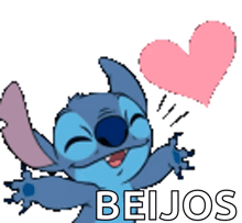 a sticker of stitch with a pink heart and the word beijos